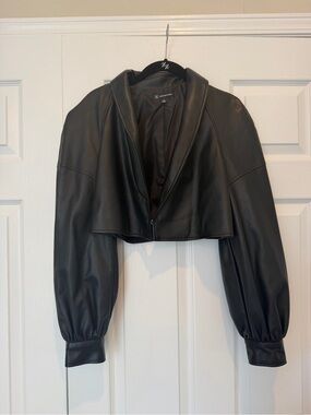 INC Black Faux Leather Cropped Jacket Open Front Balloon Sleeve Small